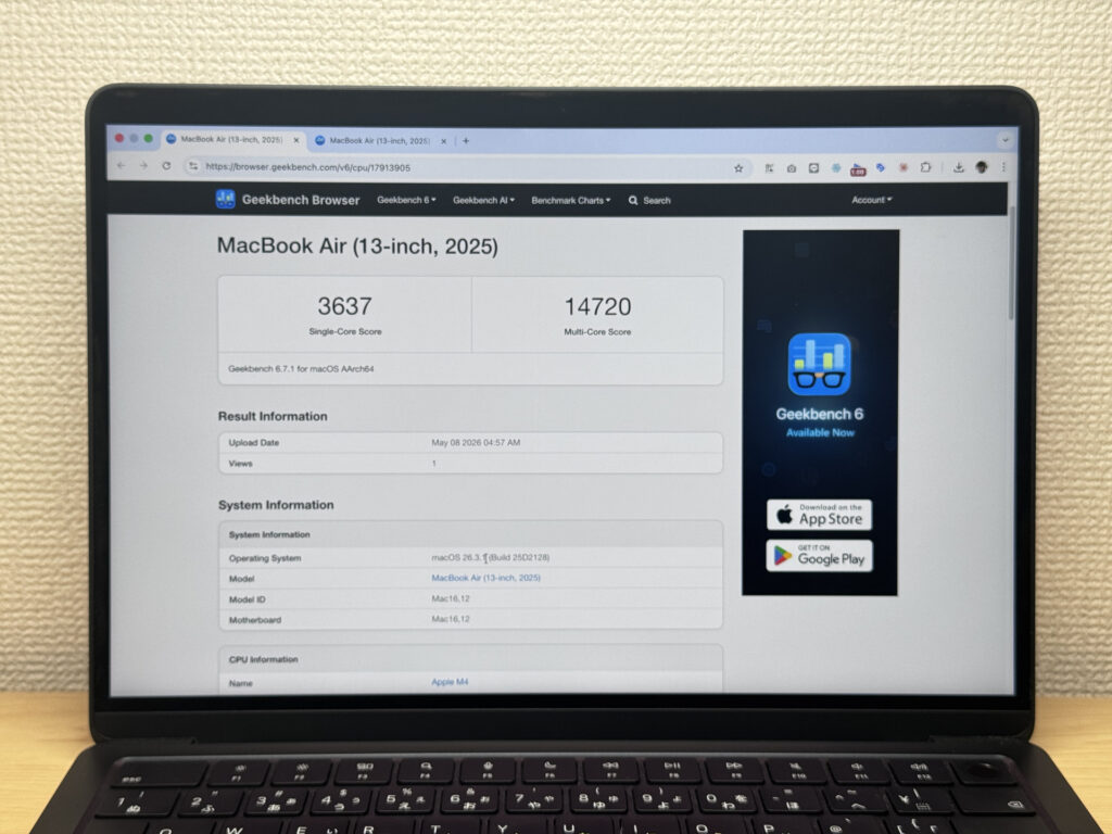 Geekbench 6 CPU scores for MacBook Air M4 - single 3637 multi 14720