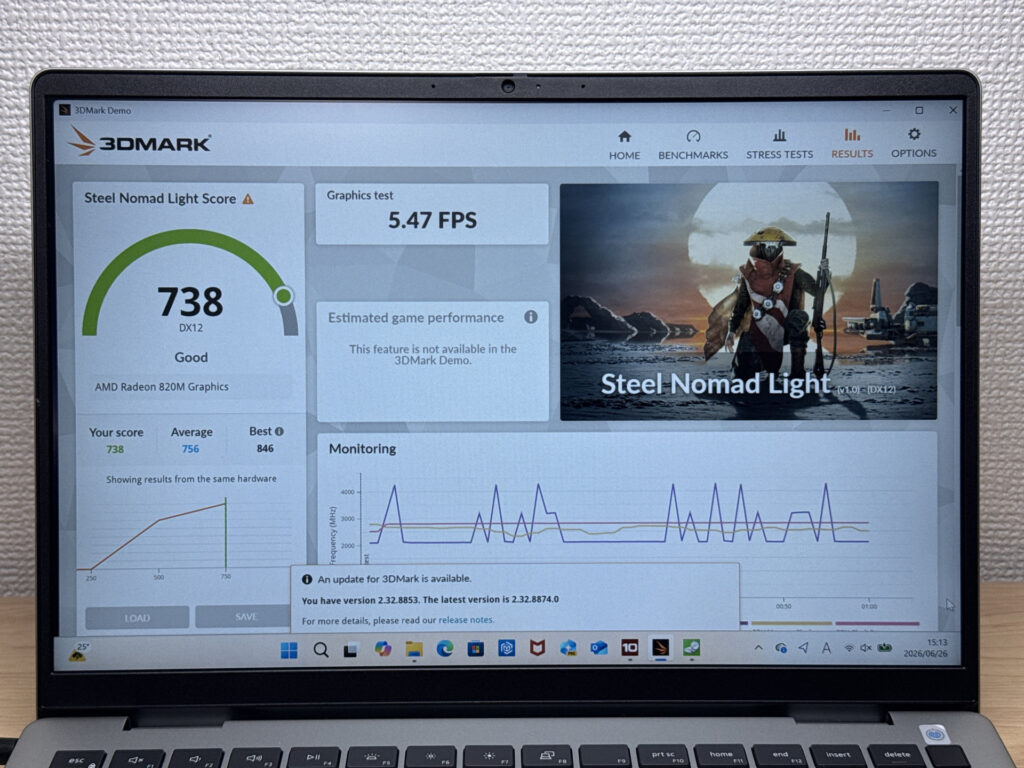 Score 3DMark Steel Nomad Light de 738
