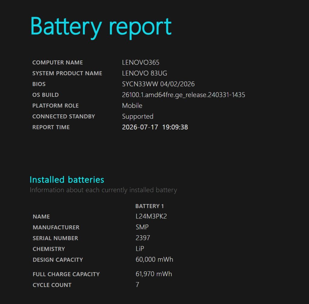 Écran du rapport de batterie
