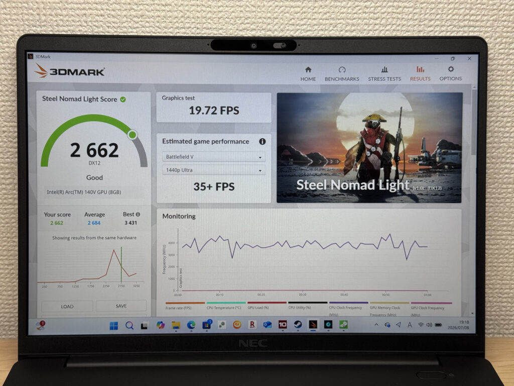 3DMark Steel Nomad Light のスコア画面