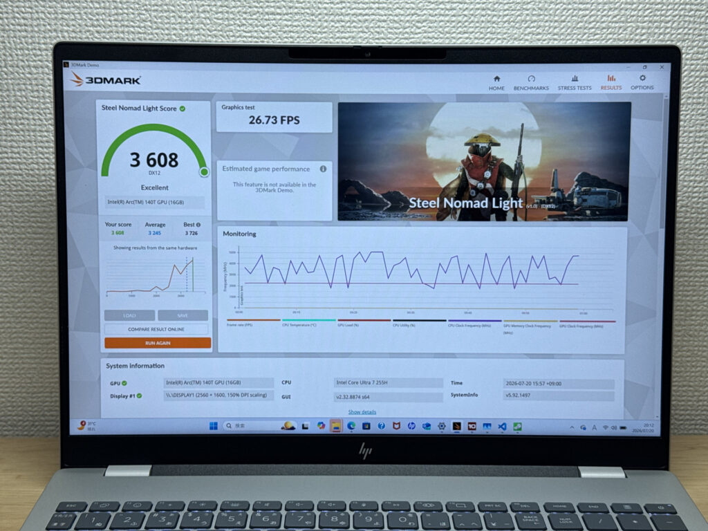 3DMark Steel Nomad Lightの計測結果画面
