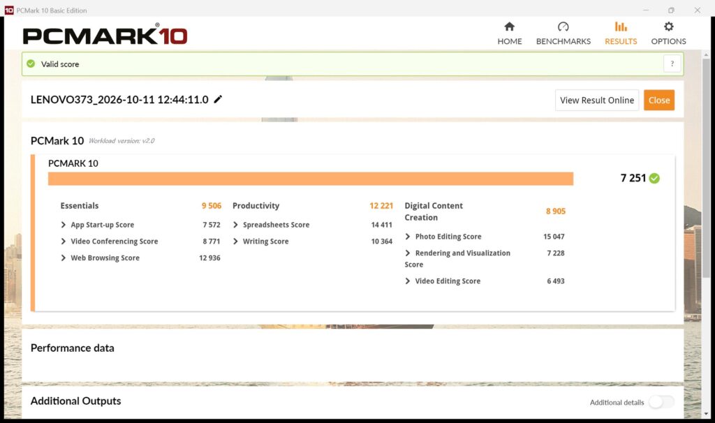 PCMark 10 score of 7251