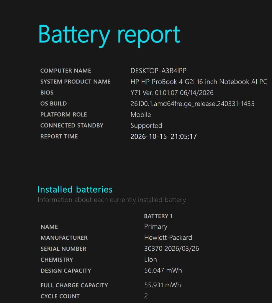 Battery reportの画面
